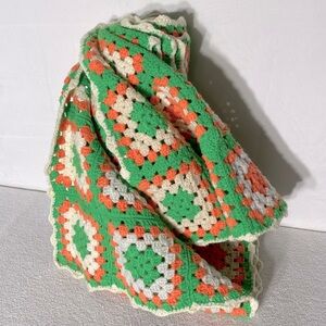 Vintage Handmade Green Orange Cream Granny Square Crochet Afghan Blanket